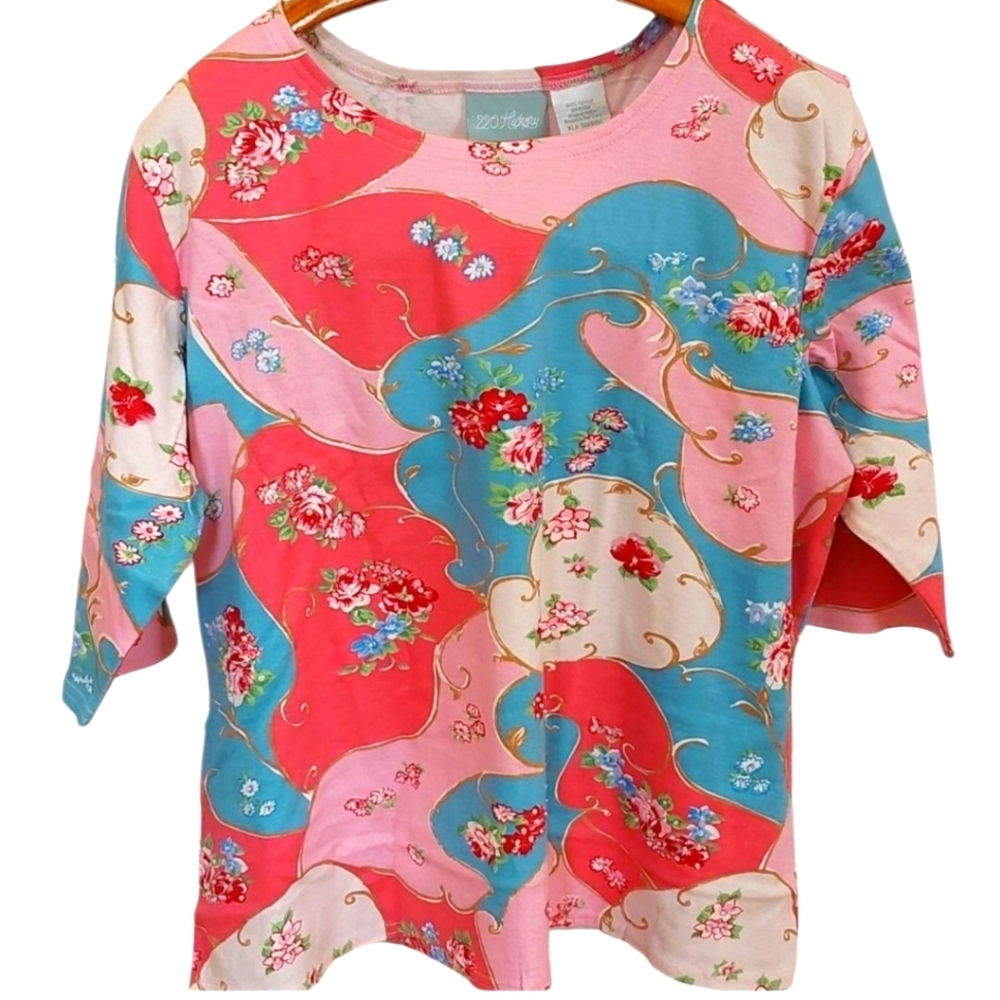 220 Hickory Brand Embellished Cotton Floral T-shirt XL NWOT Pinks And Aqua